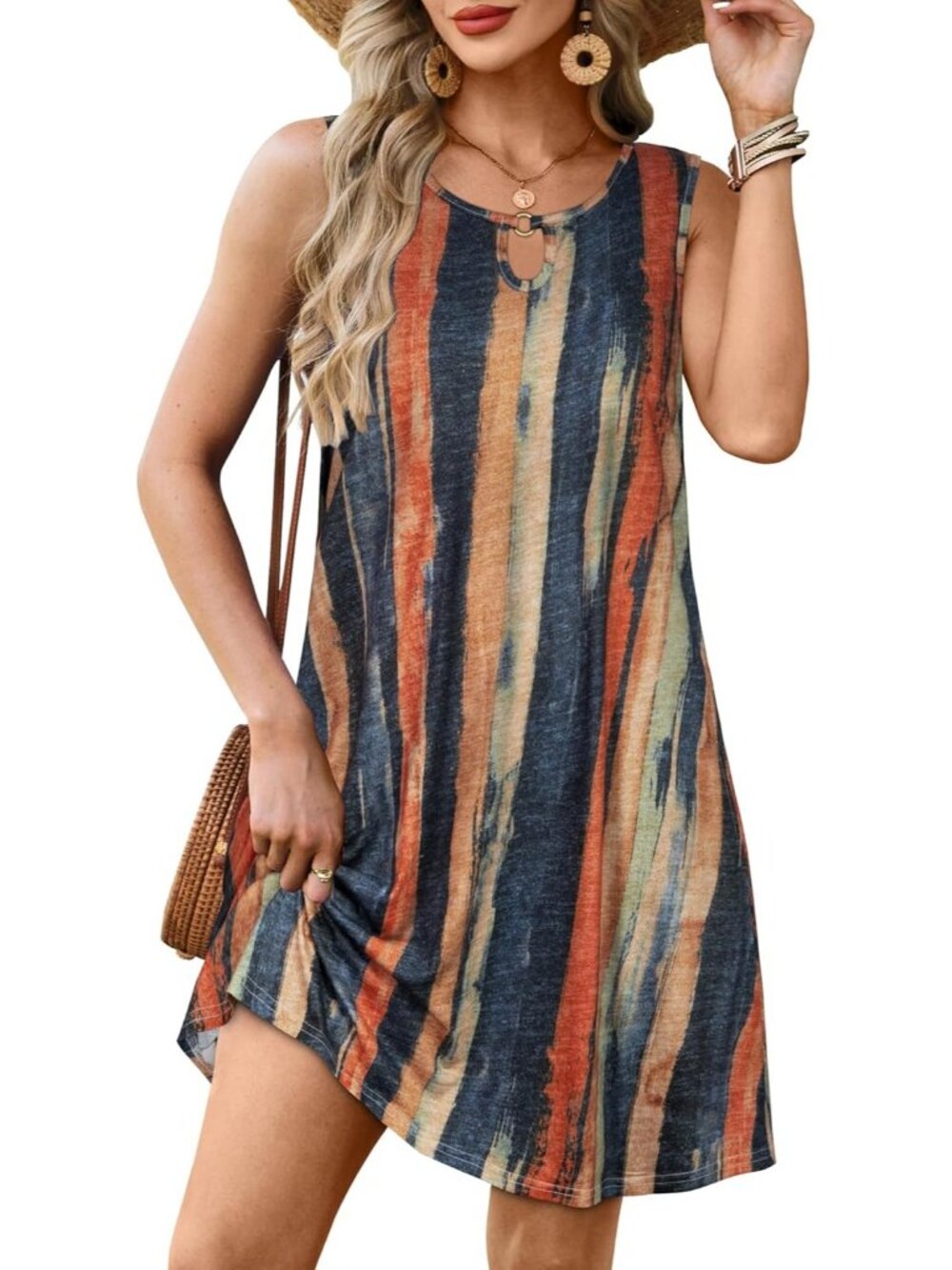 Women's Summer Sleeveless Sundress Floral Loose Fit Cover Up B Colorful Stripe